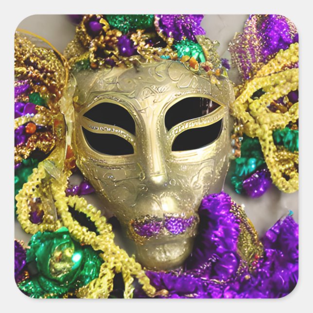 Lila und goldene Beads Masquerade Mardi Gras Quadratischer Aufkleber (Vorderseite)
