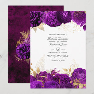 Lila und goldene florale Hochzeit Einladung