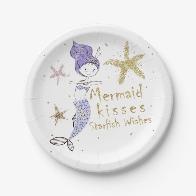 Lila und goldene Glitzer Mermaid Birthday Party Pappteller (Vorderseite)