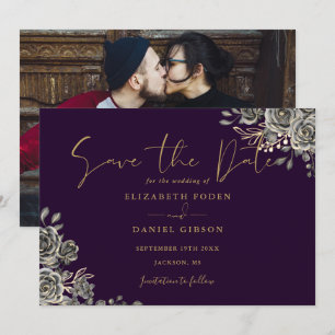 Lila und goldene gotische Blumen-Hochzeitsfoto Save The Date