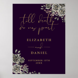 Lila und goldene gotische Rosen Hochzeitsschild Poster