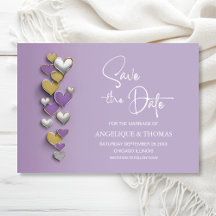 Lila und goldene Herzen Hochzeit Save-the-Date-Kar