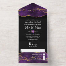 Lila und goldene Hochzeit in einer Einladung
