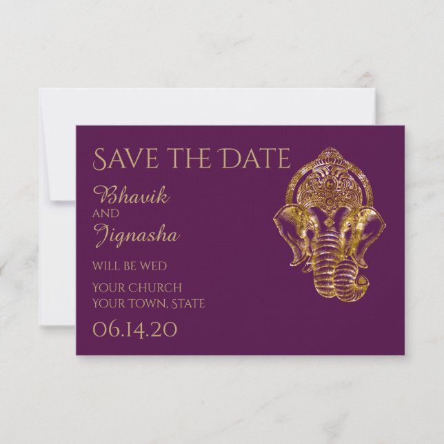 Lila und goldene indische Hochzeit retten das Datu Save The Date (Vorderseite)