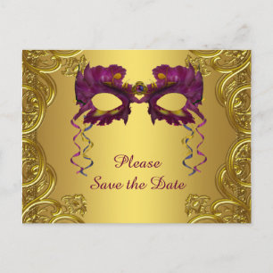 Lila und Goldene Maskenball-Party Save The Date Ankündigungspostkarte