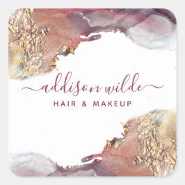 Lila und goldene, moderne Kunst Flüssige Aquarellf Quadratischer Aufkleber