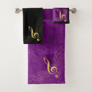 Lila und goldene Musikhandtücher - Treble Clef Badhandtuch Set