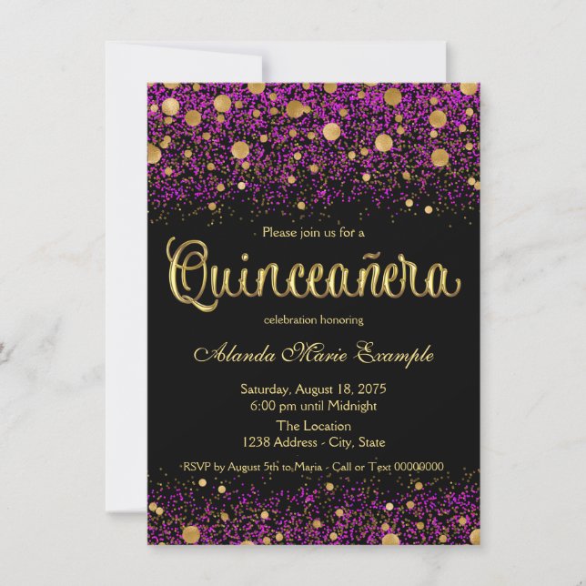 Lila und goldene Quinceanera Einladung (Vorderseite)