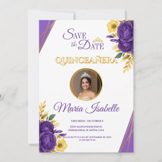 Lila und goldene Quinceñera Save the Date Einladung