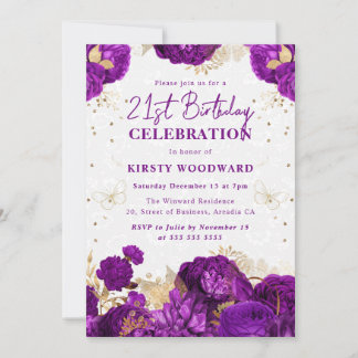 Lila und goldene Rose Floral 21. Geburtstag Einladung