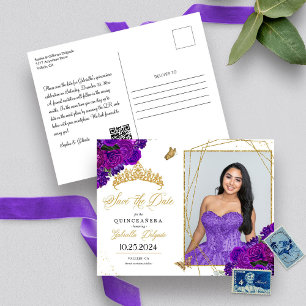 Lila und goldene Tiara Quinceañera Fotopostkarte Postkarte