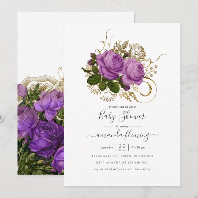 Lila und goldene Vintag-Chic-Blütendusche Einladung (Vorne/Hinten)