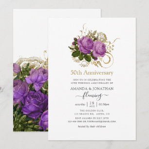 Lila und Goldene Vintage 50. Hochzeitstag Einladung