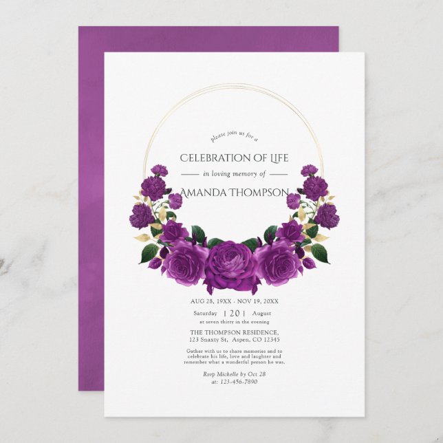 Lila und goldene Vintage Blumenfeier Einladung (Vorne/Hinten)