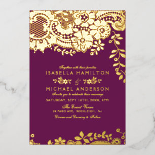 Lila und goldene Vintage Hochzeitsfeier Folieneinladung
