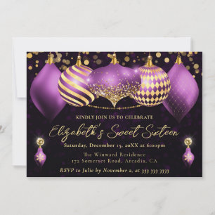 Lila und Goldene Weihnachtskugeln Sweet 16 Einladung