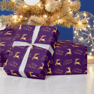 Lila und Goldene Weihnachtsrentierfiguren Geschenkpapier