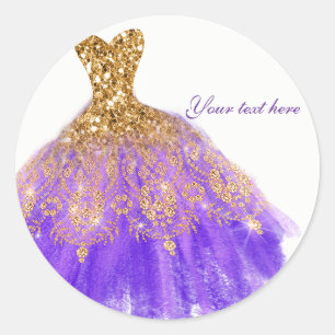 Lila und goldener Glitter-Glam-Kleid Geburtstagsfe Runder Aufkleber