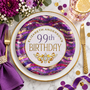 Lila und Goldener Juwelen-Schichten 99. Geburtstag Pappteller