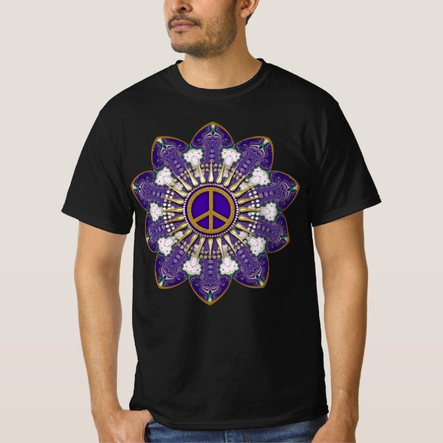 Lila und goldenes Friedenszeichen Mandala T-Shirt (Vorderseite)