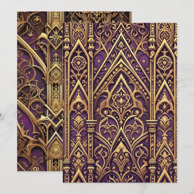 Lila und goldenes Viktorianisches Gotisches Muster Einladung (Vorne/Hinten)