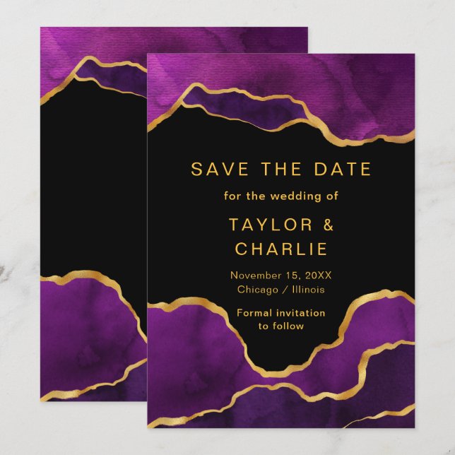 Lila und goldfarbene Agate Save the Date (Vorne/Hinten)