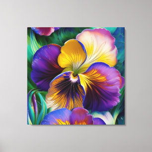 Lila und goldfarbene Pansy-blaugrüne Blätter Leinwanddruck