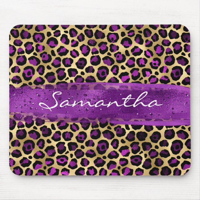 Lila und goldfarbener Leopard Pinselstrich Mousepad (Vorne)