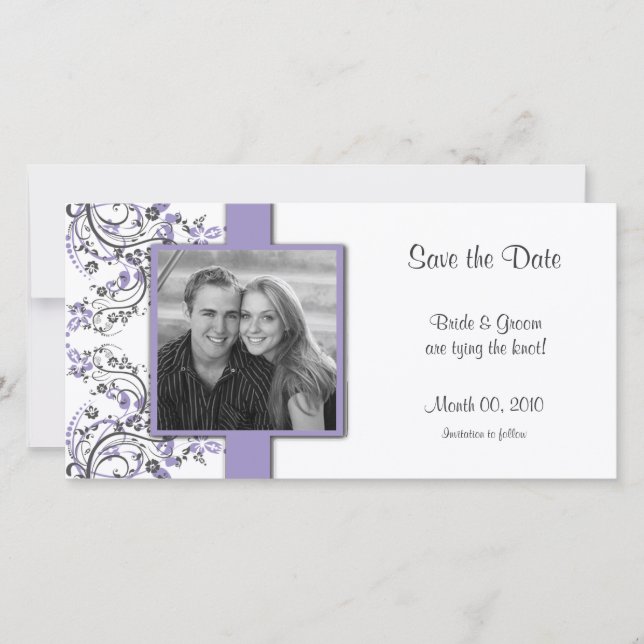Lila und graublütige Save the Date Foto Cards (Vorderseite)