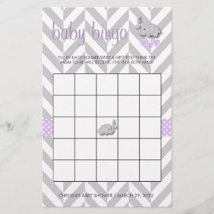 Lila und graue Elephant Baby Shower Bingo Briefpapier