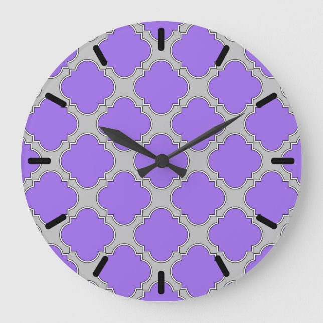 Lila und graue Quatrefolie Große Wanduhr (Vorderseite)