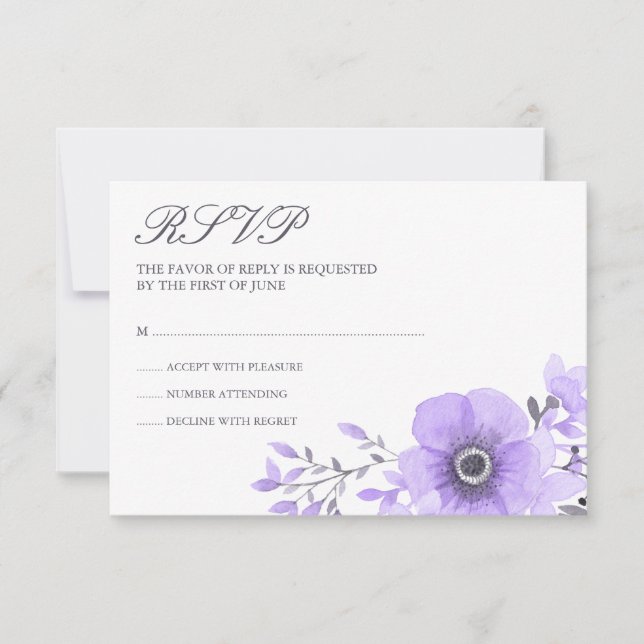 Lila und graufarbene Blumenhochzeit RSVP (Vorderseite)