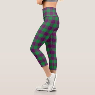 Lila und grün kariertes Kreuzschachbrettmuster Capri Leggings