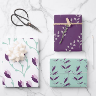 Lila und grüne Blumenumhüllungsblätter Geschenkpapier Set