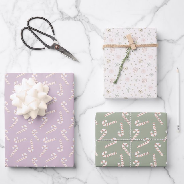 Lila und grüne Candy Canes Snowflakes Weihnachten Geschenkpapier Set (Vorderseite)