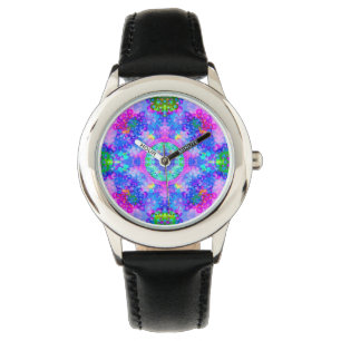 Lila und grüne Kaleidoskop-Fraktal-Kunst Armbanduhr