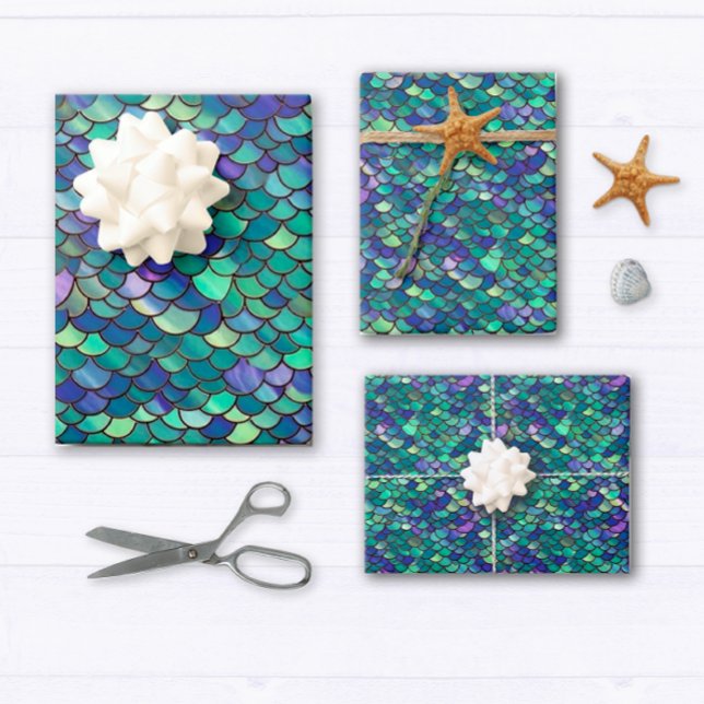 Lila und grüne Meerjungenskala Geschenkpapier Set (Add a touch of magic to your gifts with this enchanting mermaid wrapping paper set.)