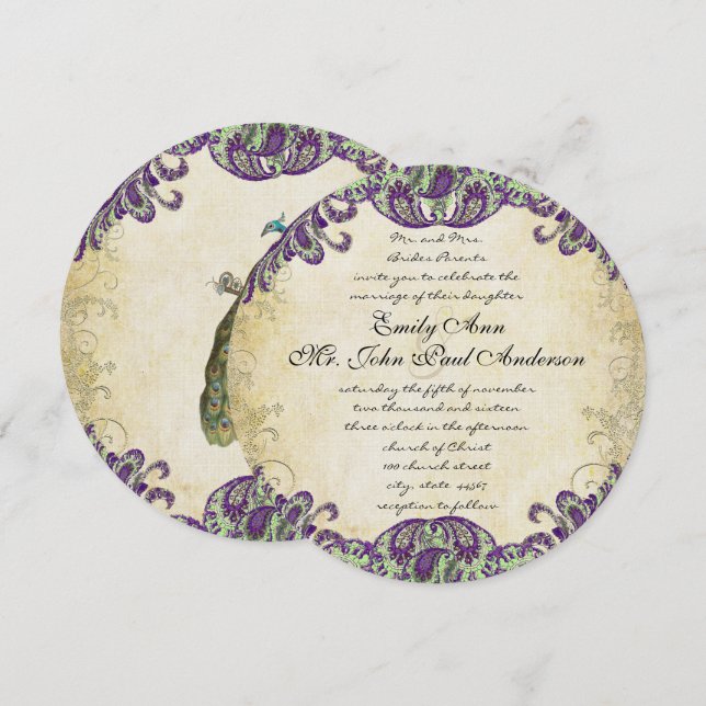 Lila und grüne Pfauenhochzeiten Einladung (Vorne/Hinten)
