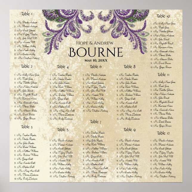 Lila und grüne Pfauensitzkarte 12 Tische Poster (Vorne)