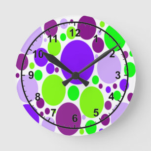 Lila und grüne Polka-Punkte Runde Wanduhr