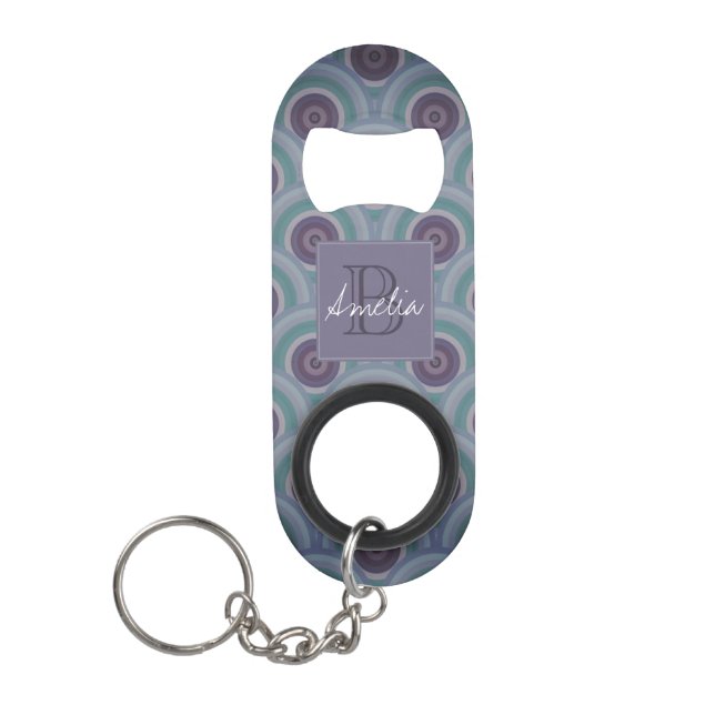 Lila und Grüne Retro-Kreise Muster Monogramm Mini Flaschenöffner (Vorderseite)