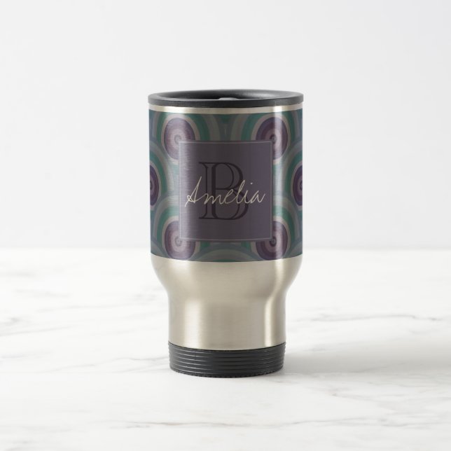 Lila und grüne Retro-Kreismuster-Monogramm Reisebecher (Mittel)