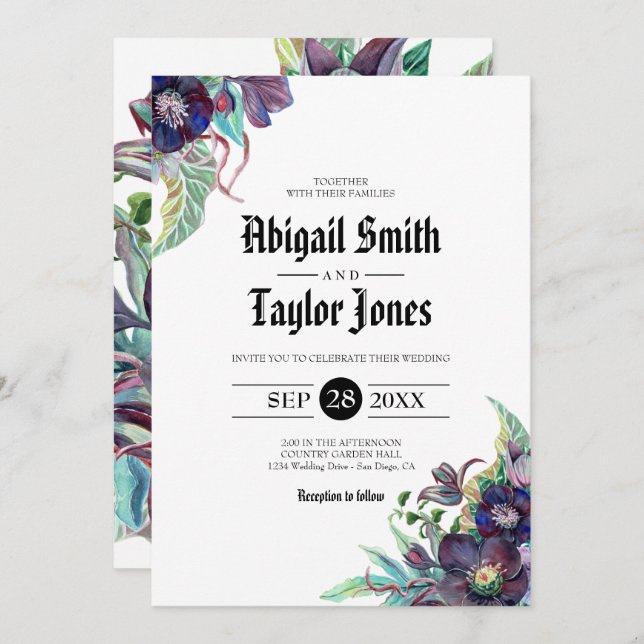 Lila und grüne romantische Rose Lenten Hochzeit Einladung (Vorne/Hinten)