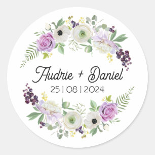 Lila und grüne rustikale Blumen Hochzeitsaufkleber Runder Aufkleber