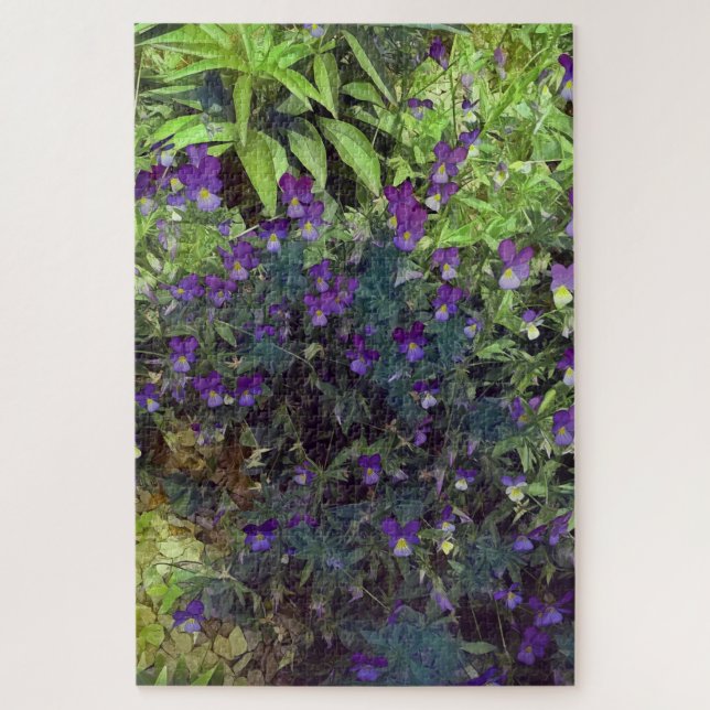Lila und grüne Stiefmütterchenblumen und Blätter Puzzle (Vertikal)
