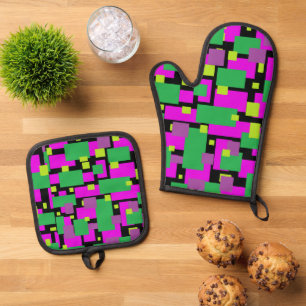 Lila und grüne Töpfe und Ofen-Mitte Ofenhandschuh & Topflappen-Set