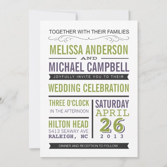 Lila und grüne Typografie-Hochzeitseinladung Einladung (Vorderseite)