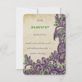 Lila und grüne Vintage Peacock Paisley Wedding RSVP Karte