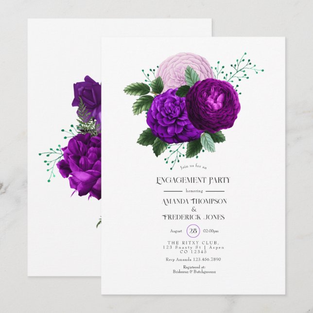 Lila und grüne Watercolor-Engagement-Partei Einladung (Vorne/Hinten)