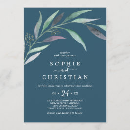 Lila und grüner Eukalyptus | Blaue Lässige Hochzei Einladung
